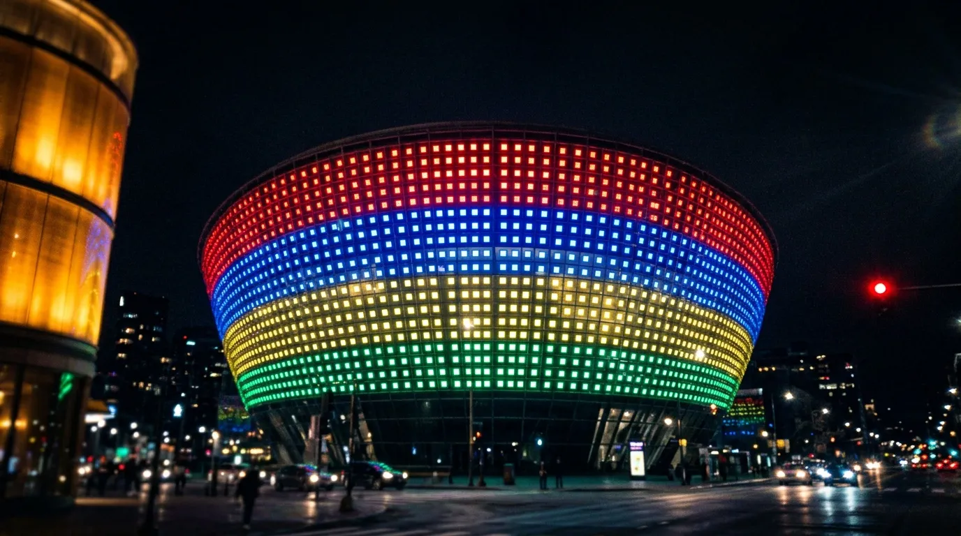 Bâtiment moderne circulaire illuminé de couleurs vives la nuit