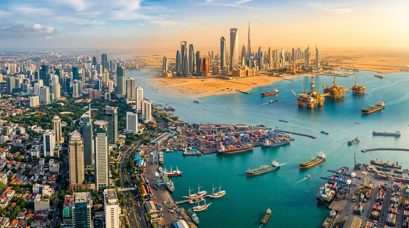 Vue aérienne de Dubai avec gratte-ciel et port pétrolier