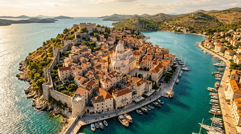 Vue aérienne de Dubrovnik avec ses remparts, église et bateau