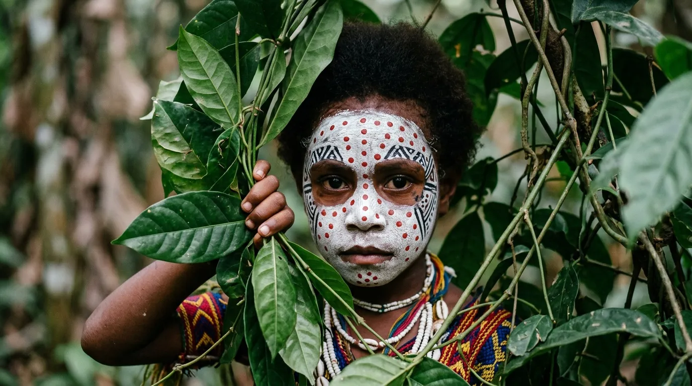 Jeune enfant avec peintures faciales blanches et rouges traditionnelles