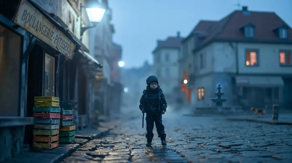 Jeune enfant marchant seul dans une ruelle pavée au crépuscule