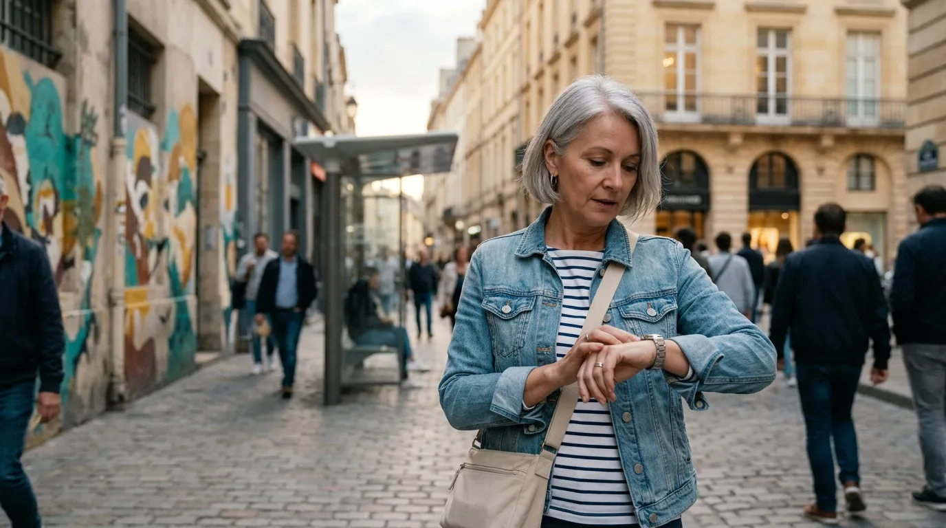 Femme vérifie l'heure dans une rue pavée parisienne animée