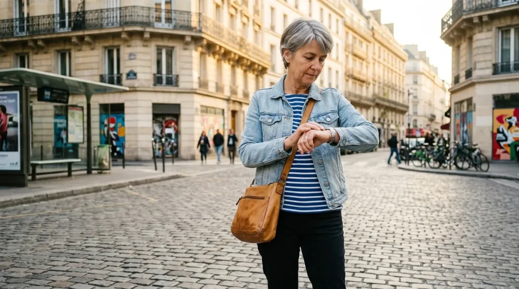 Femme regardant sa montre dans une rue parisienne
