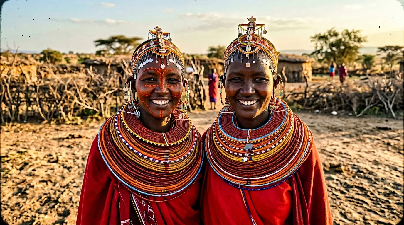 Deux femmes Maasaï souriantes portant parures traditionnelles colorées