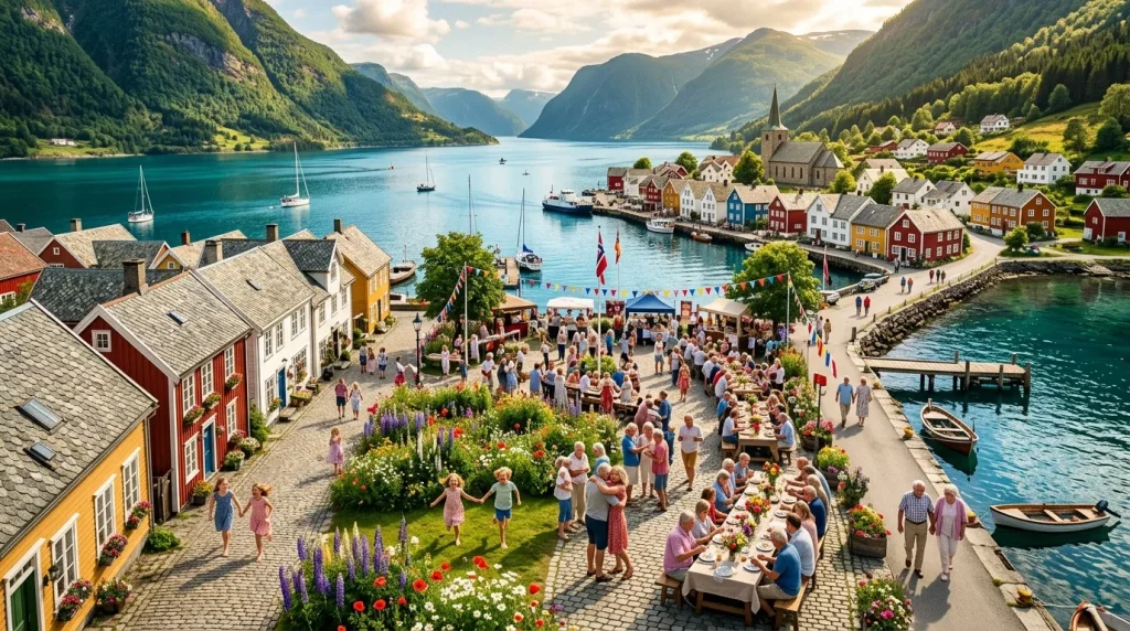 Village côtier festif avec montages, fjord turquoise et habitants réunis.