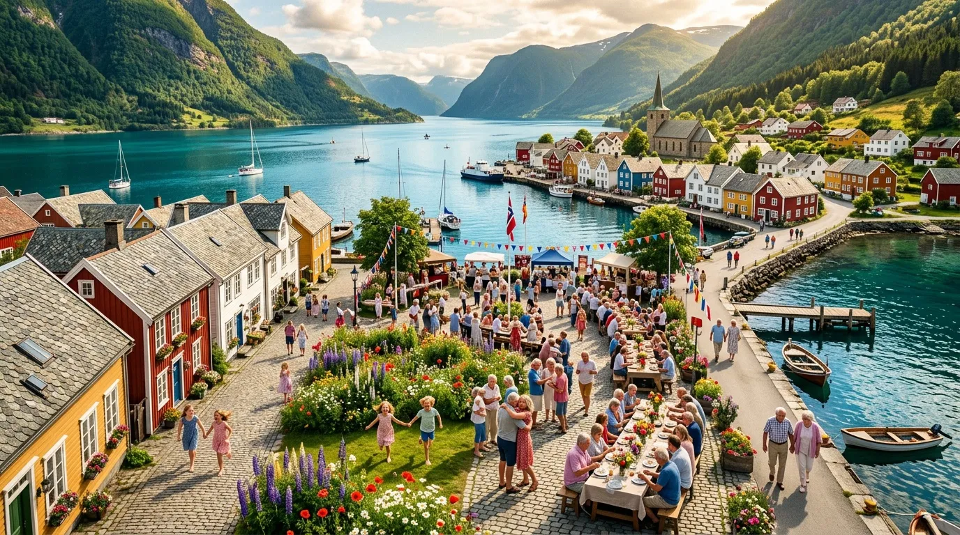 Village côtier festif avec montages, fjord turquoise et habitants réunis.