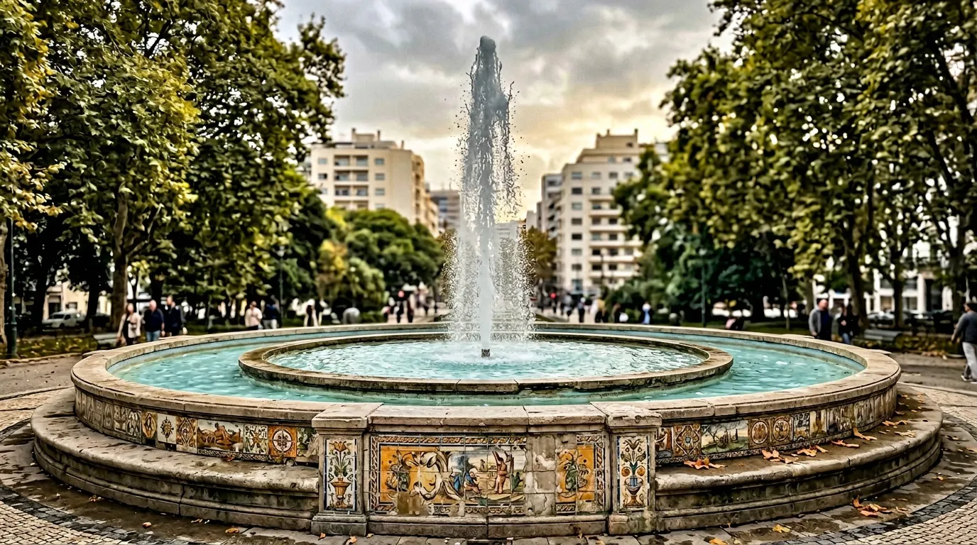 Fontaine circulaire avec jet d'eau dans parc urbain entouré d'arbres