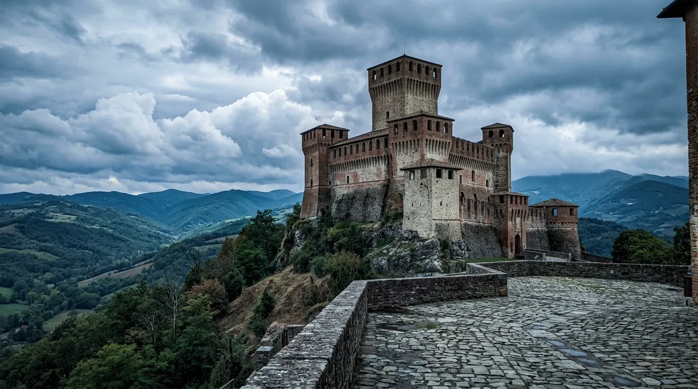 Château de pierre médiéval dominant les montagnes verdoyantes