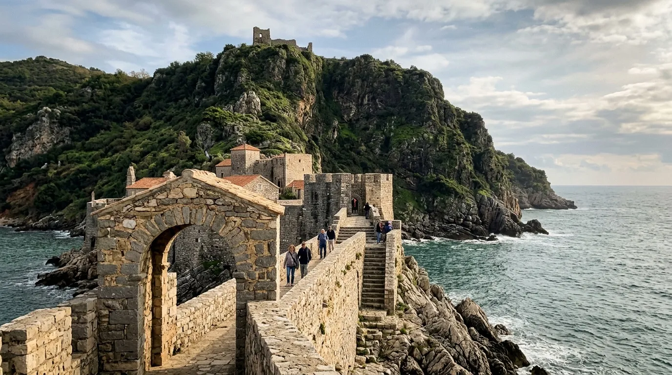 Château médiéval en pierre sur île rocheuse entourée de mer