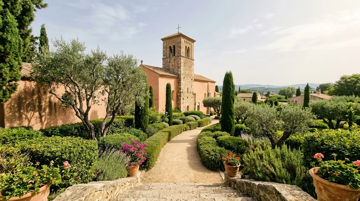 Église avec campanile pierre, jardin méditerranéen, cyprès, Toscane