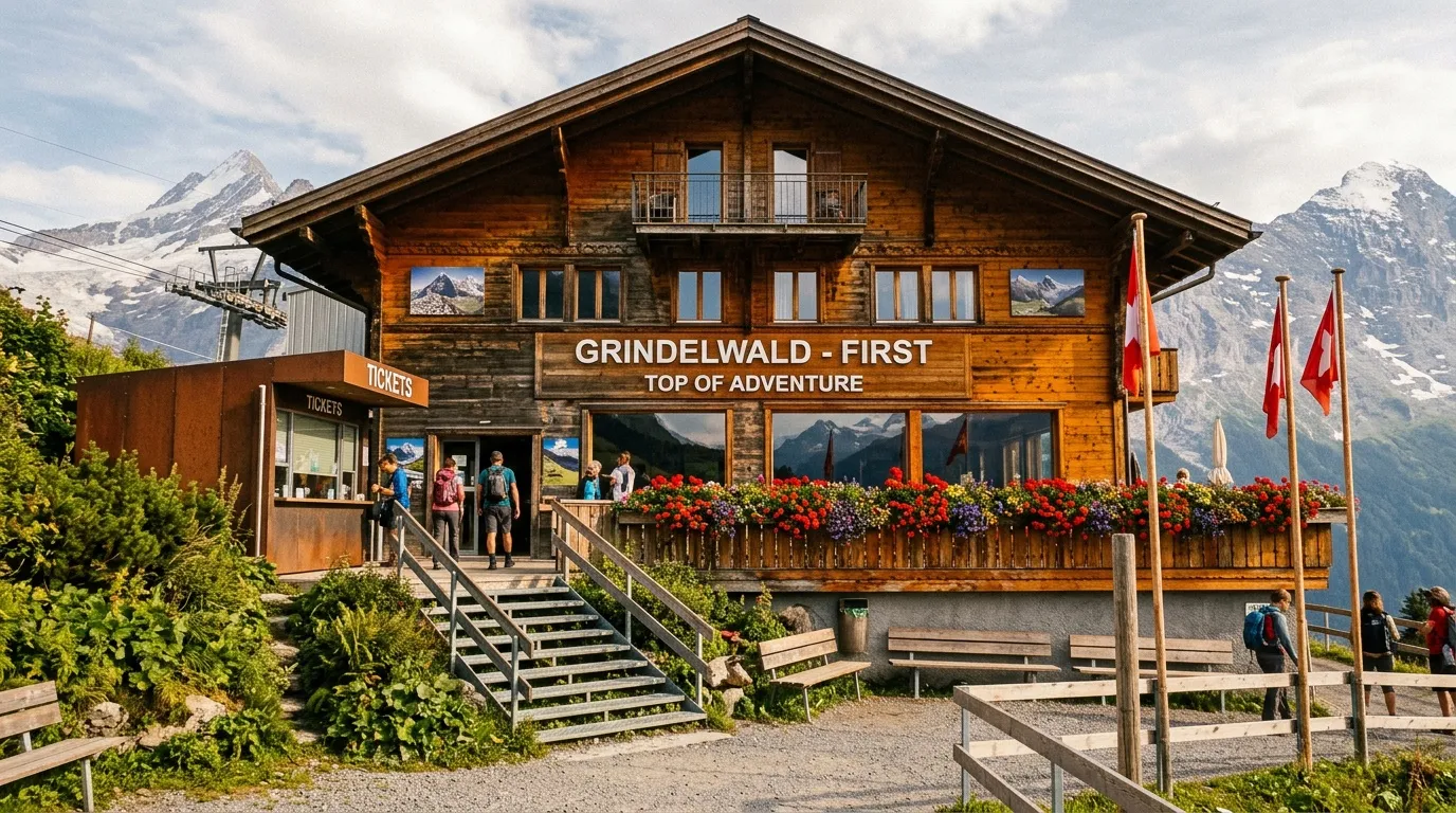 Station montagne Grindelwald-First en Suisse avec drapeaux.