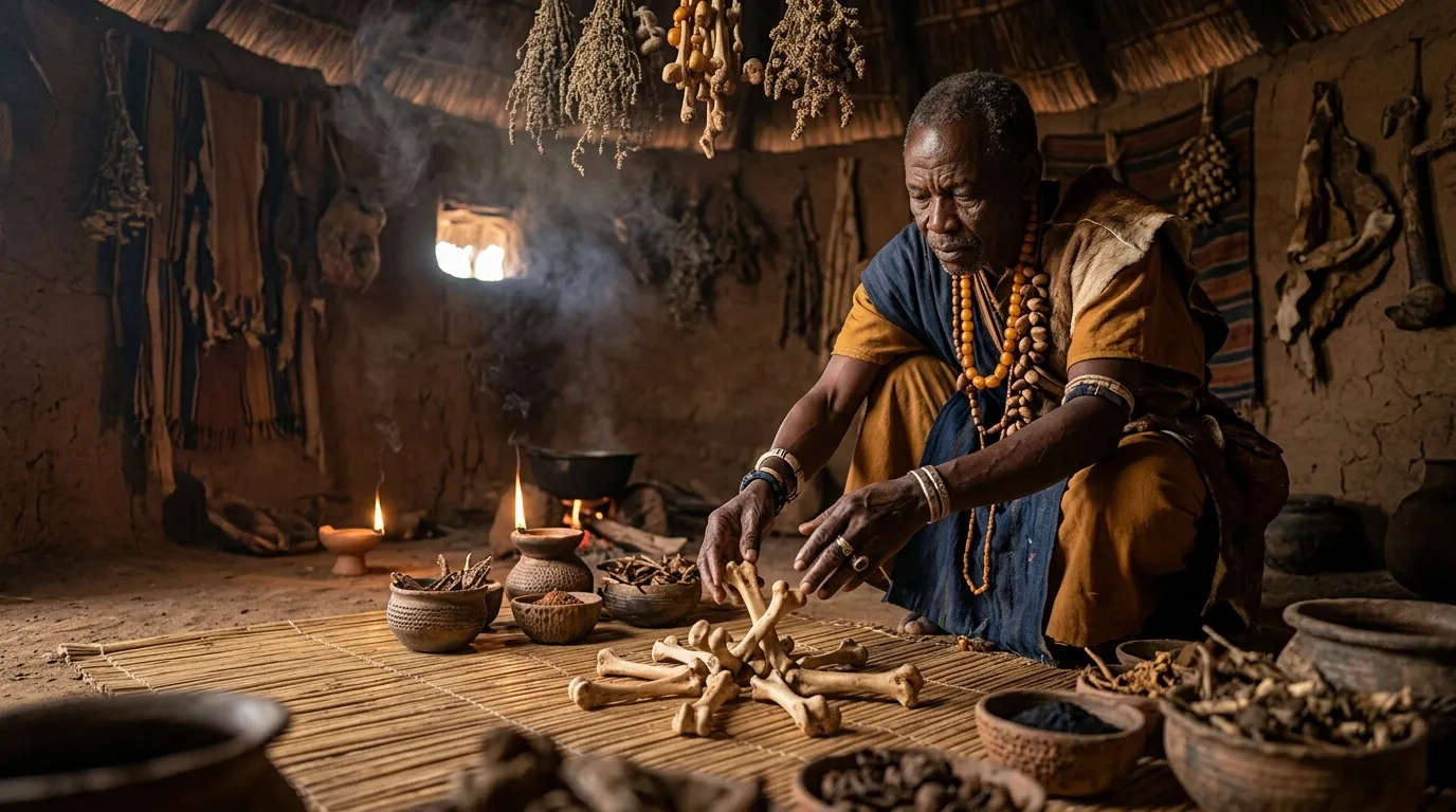 Homme préparant plantes médicinales dans hutte traditionnelle