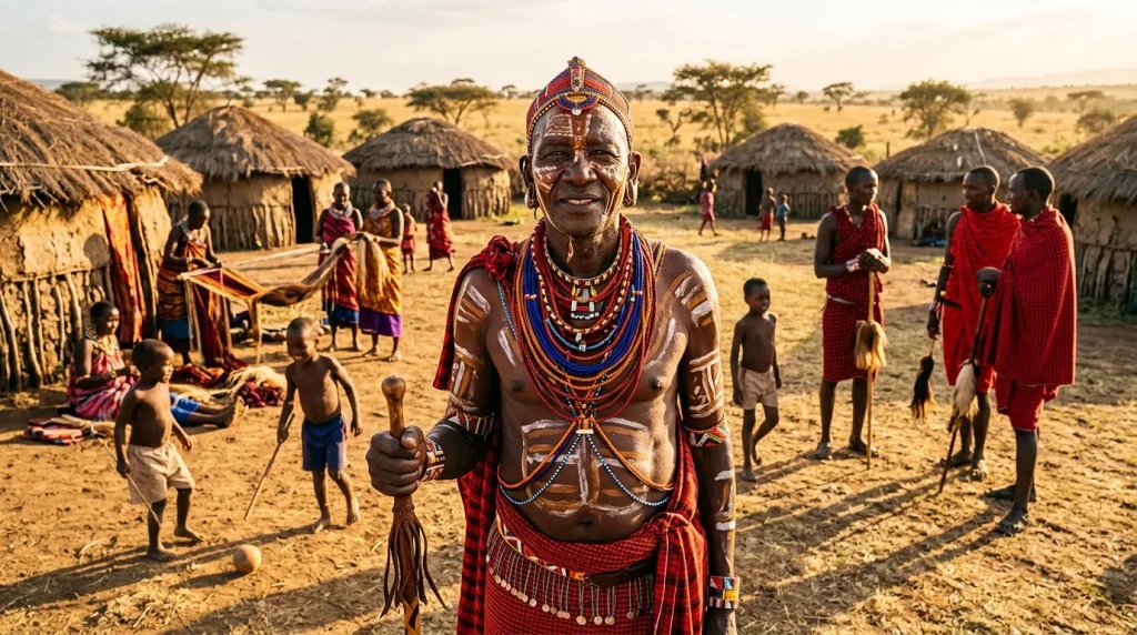 Homme Maasai vêtu traditionnellement dans village africain