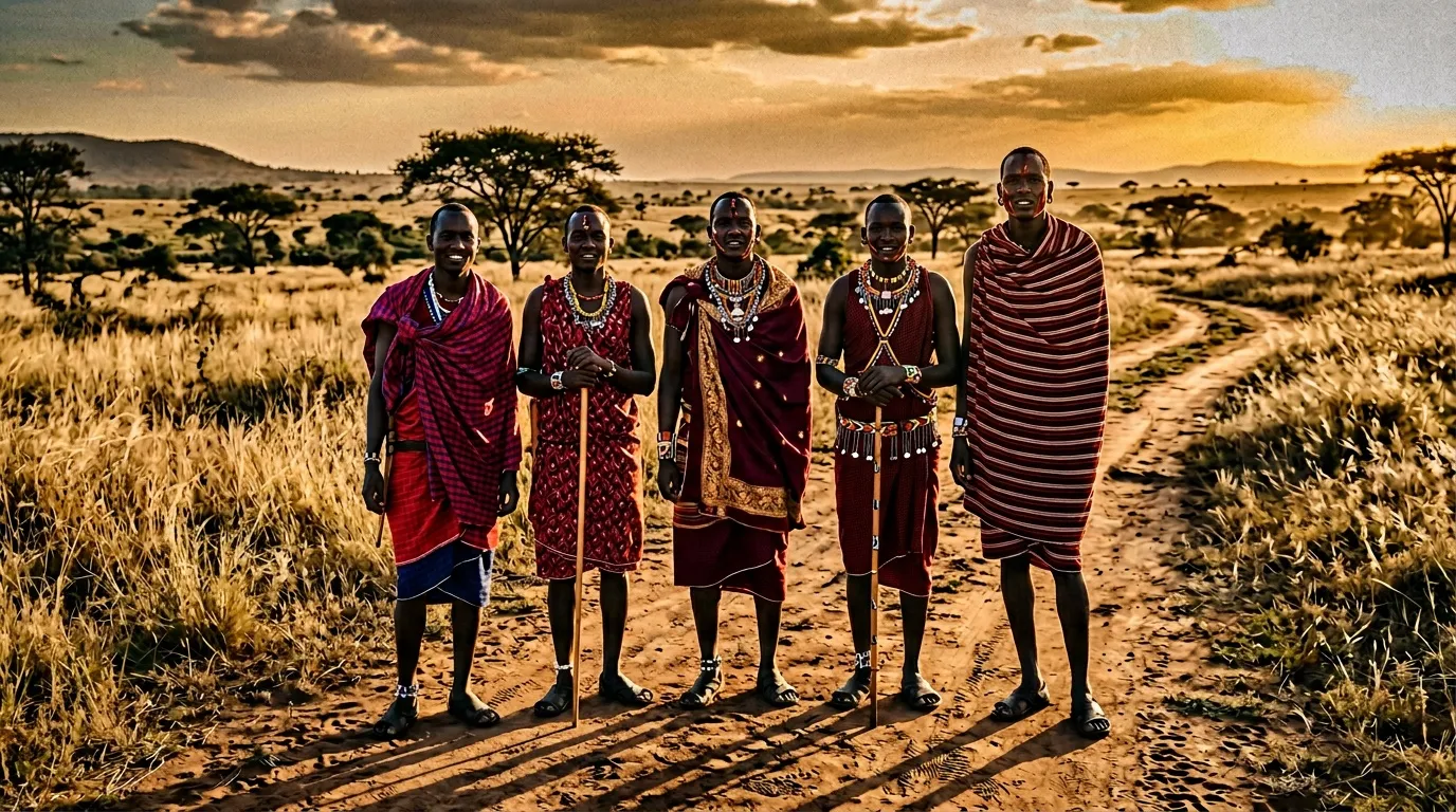 Cinq hommes Maasai en tenue traditionnelle rouge dans la savane africaine