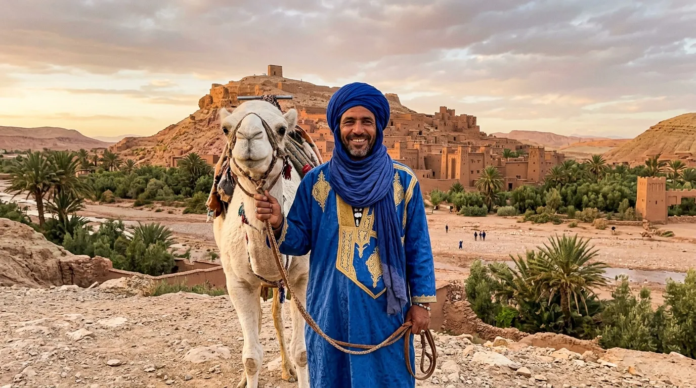 Homme en tenue bleue traditionnelle avec chameau devant kasbah