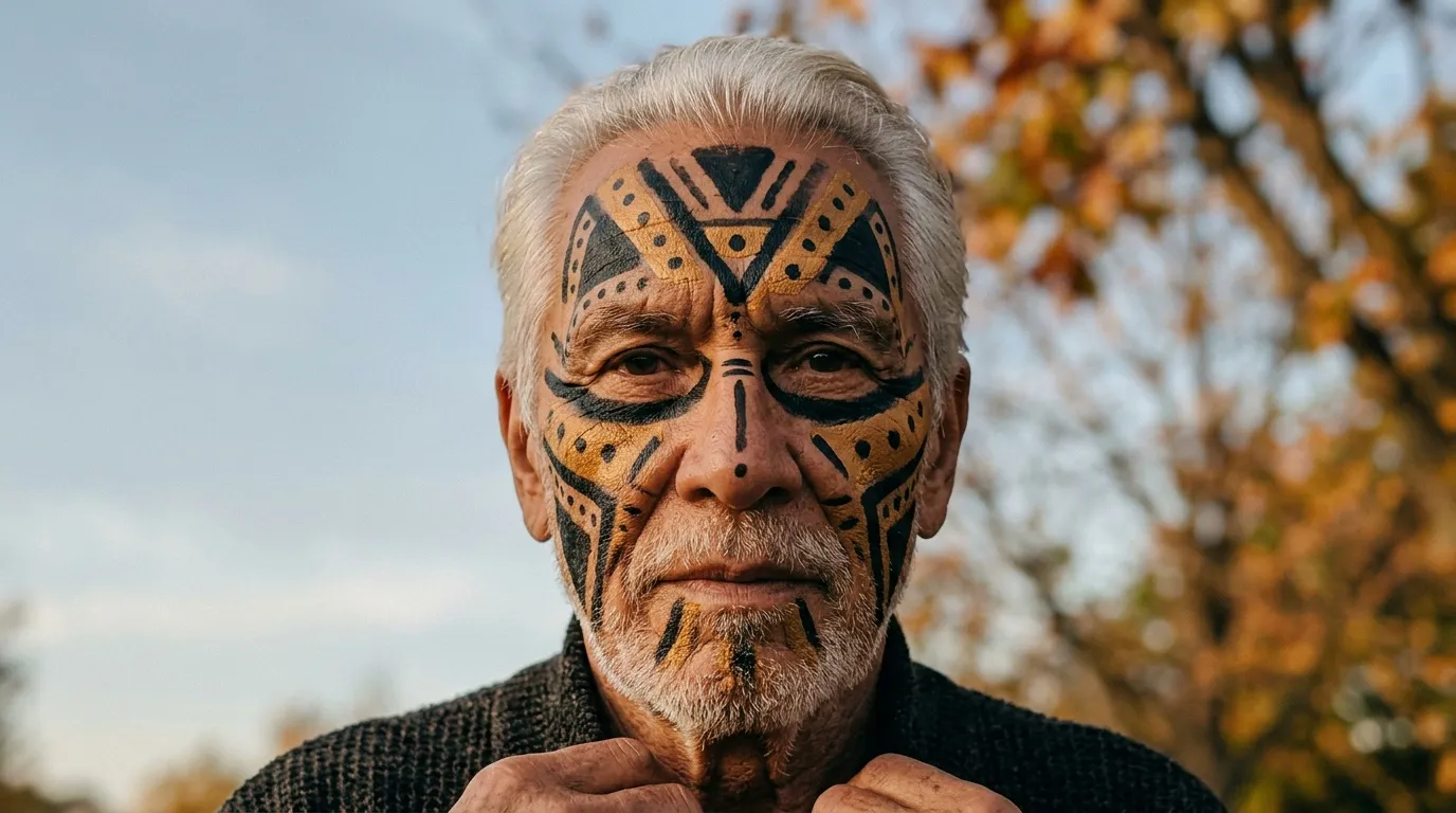 Aîné portant des tatouages faciaux géométriques noirs et ocre
