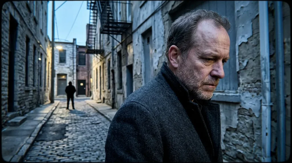 Homme barbu en manteau gris dans une ruelle pavée