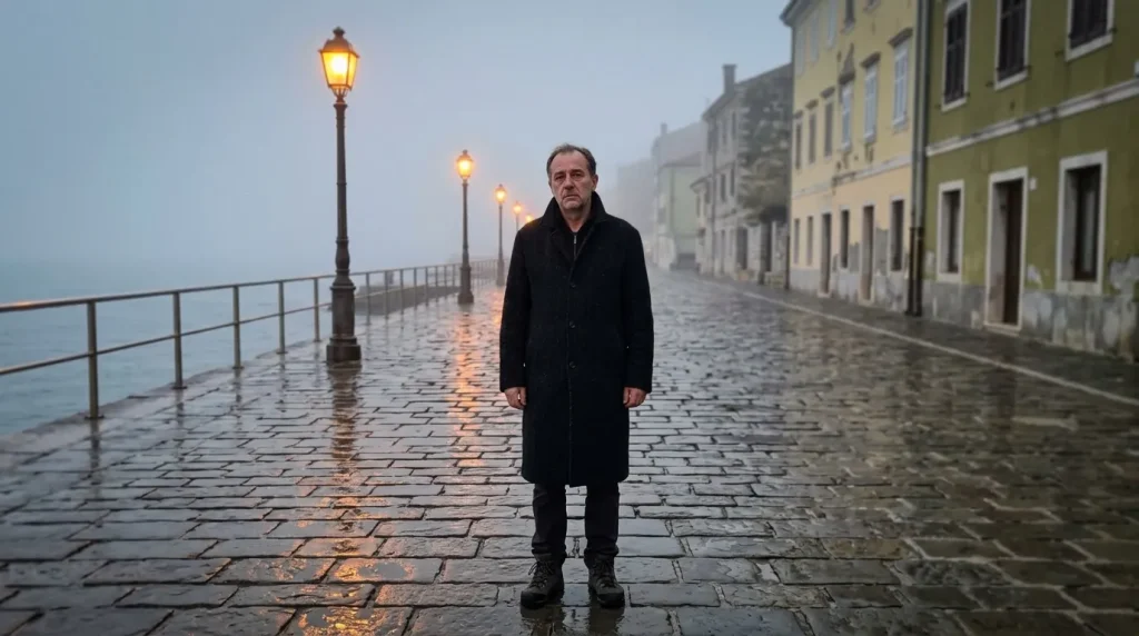 Homme en manteau noir debout sur promenade humide et brumeux
