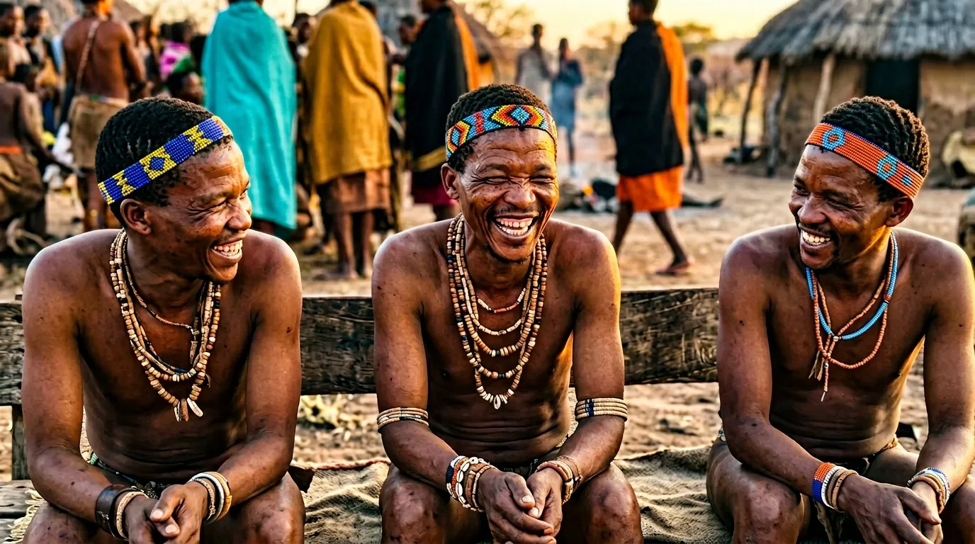 Trois hommes souriants portant ornements traditionnels et perles colorées