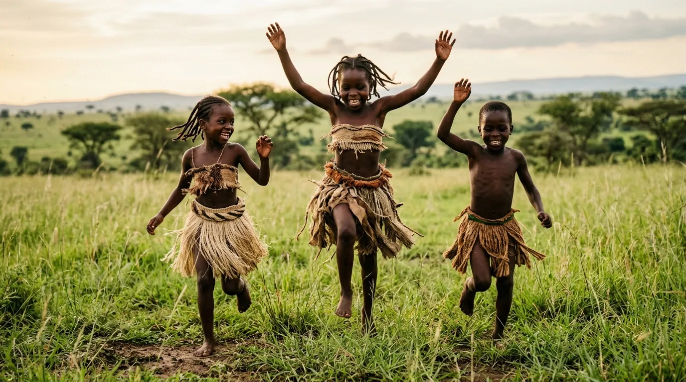 Trois enfants courent joyeusement dans la savane verte africaine