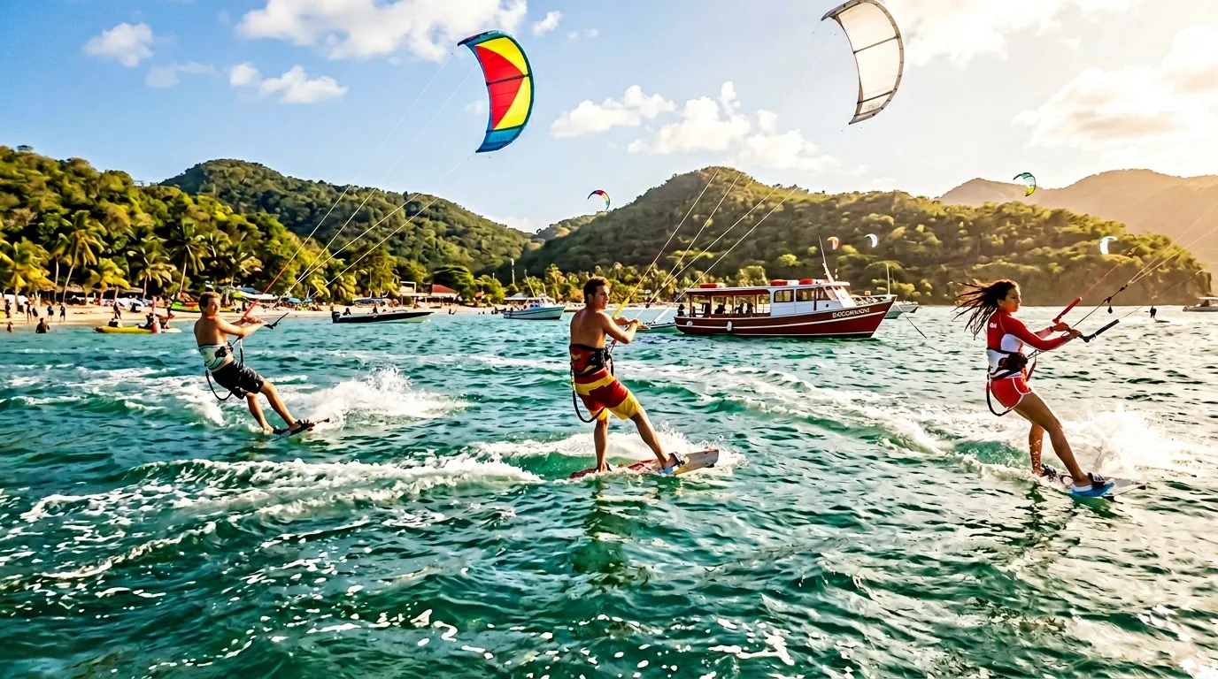 Trois kitesurfeurs pratiquent leur sport dans une baie avec montagnes boisées