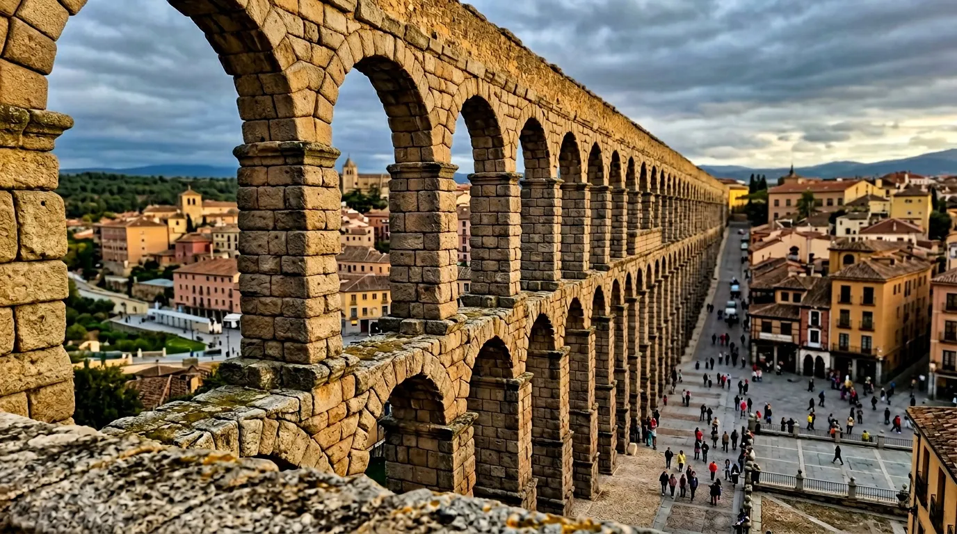 Ancien aqueduc romain en pierre avec arches, ville espagnole en arrière-plan