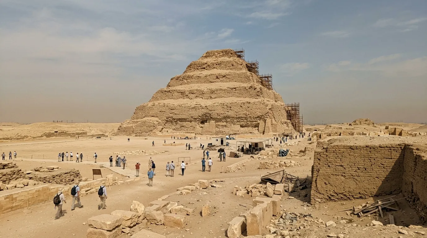 Pyramide ancienne en pierre avec visiteurs dans le désert égyptien