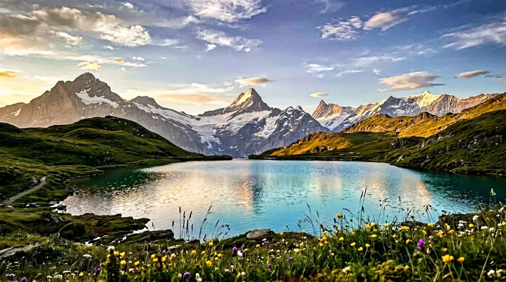 Lac turquoise entouré de montagnes enneigées et fleurs alpines