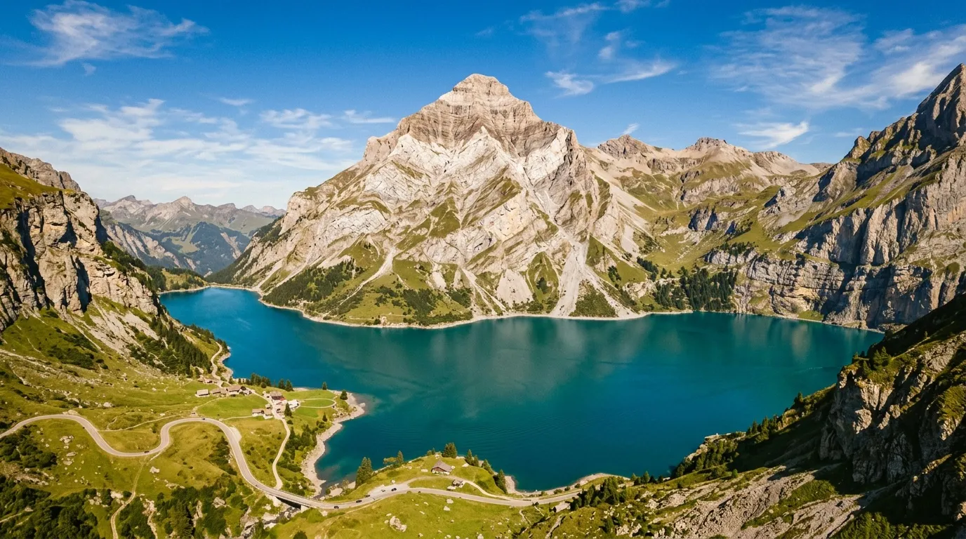 Lac turquoise entouré de montagnes rocheuses et forêts alpines