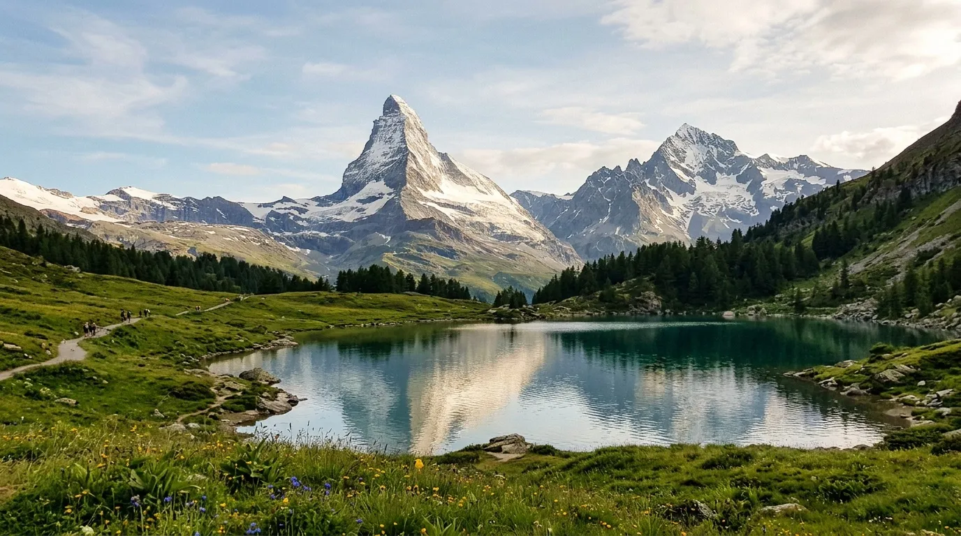 Montagne enneigée se reflétant dans un lac alpin entouré de forêts
