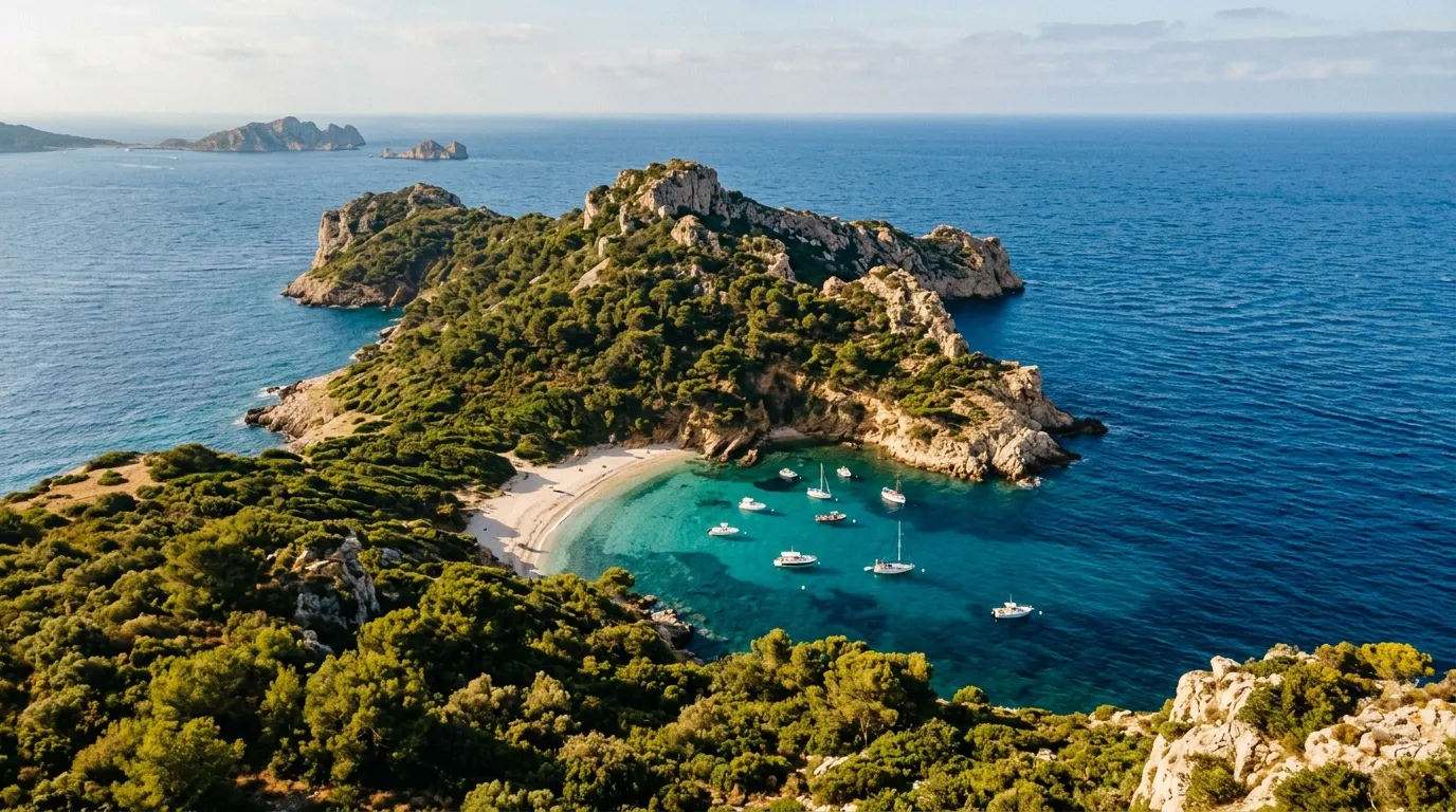 Île rocheuse couverte de végétation et baie turquoise avec voiliers
