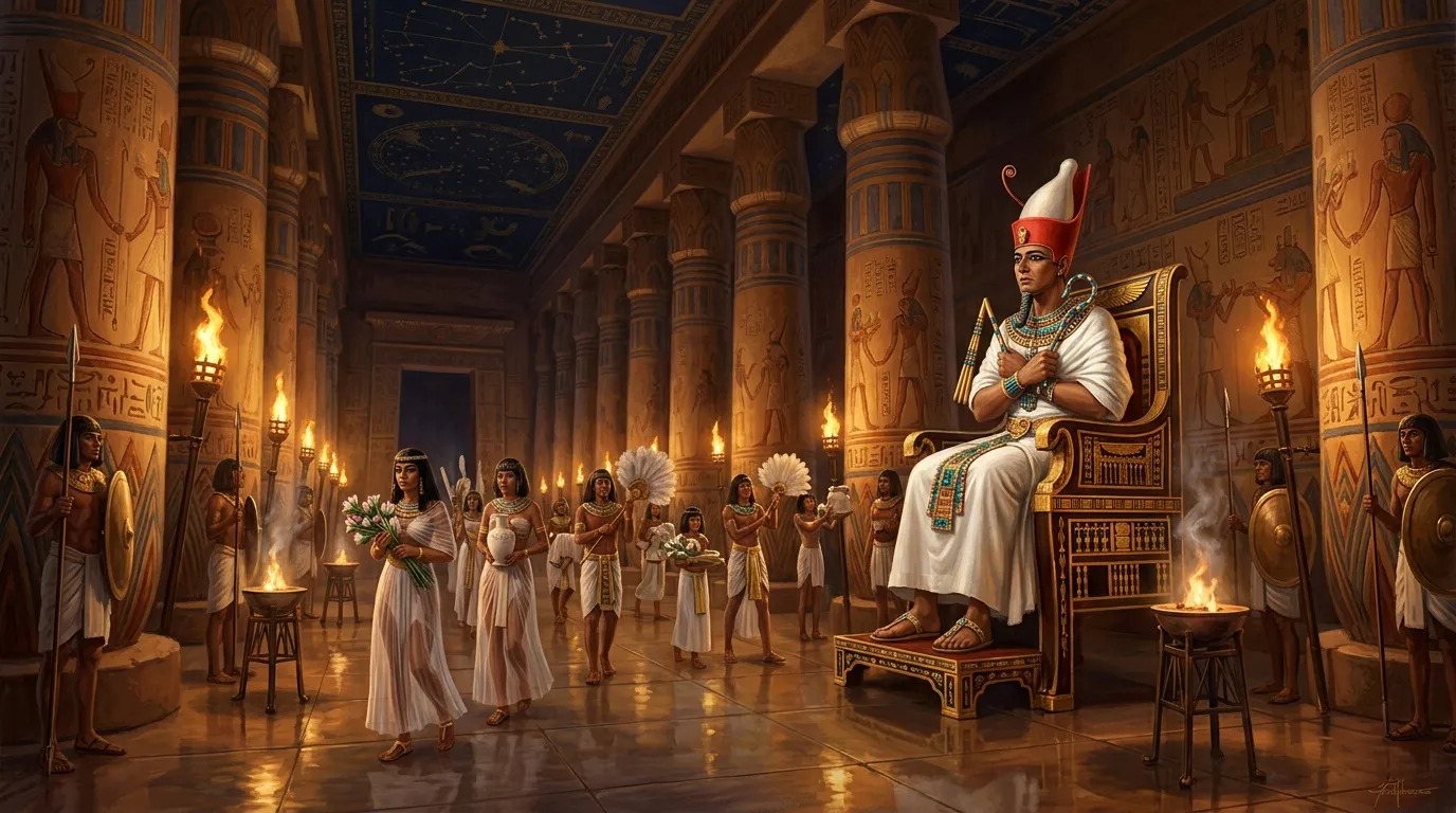 Pharaon assis sur son trône dans un temple égyptien antique illuminé.