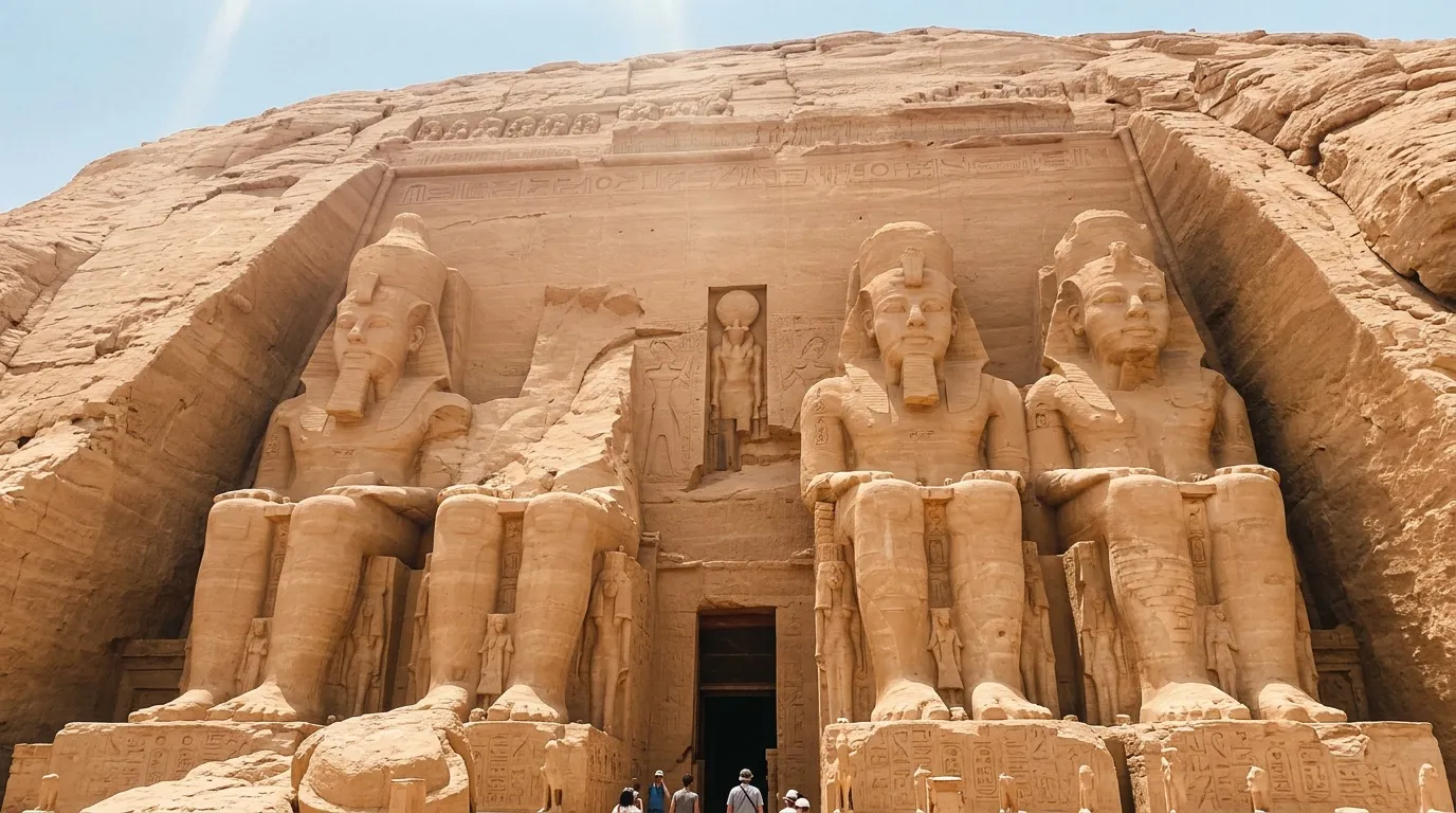 Façade monumentale du temple égyptien avec quatre colosses