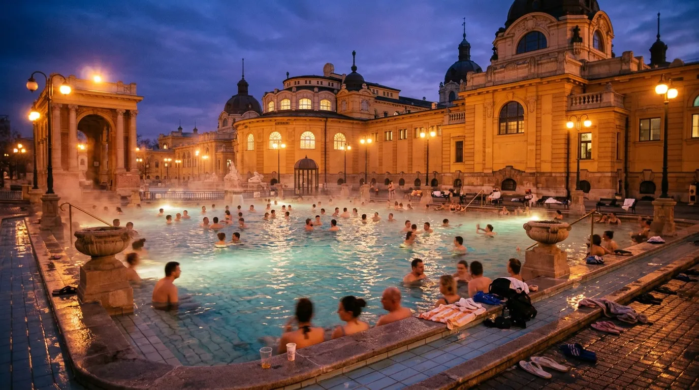 Baigneurs dans les thermes illuminés de Budapest la nuit