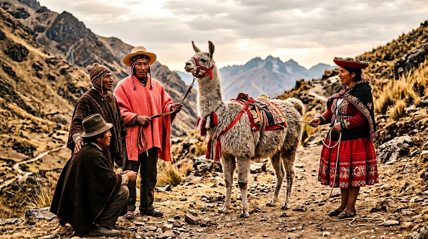 Quatre personnes en tenue traditionnelle avec un lama en montagne