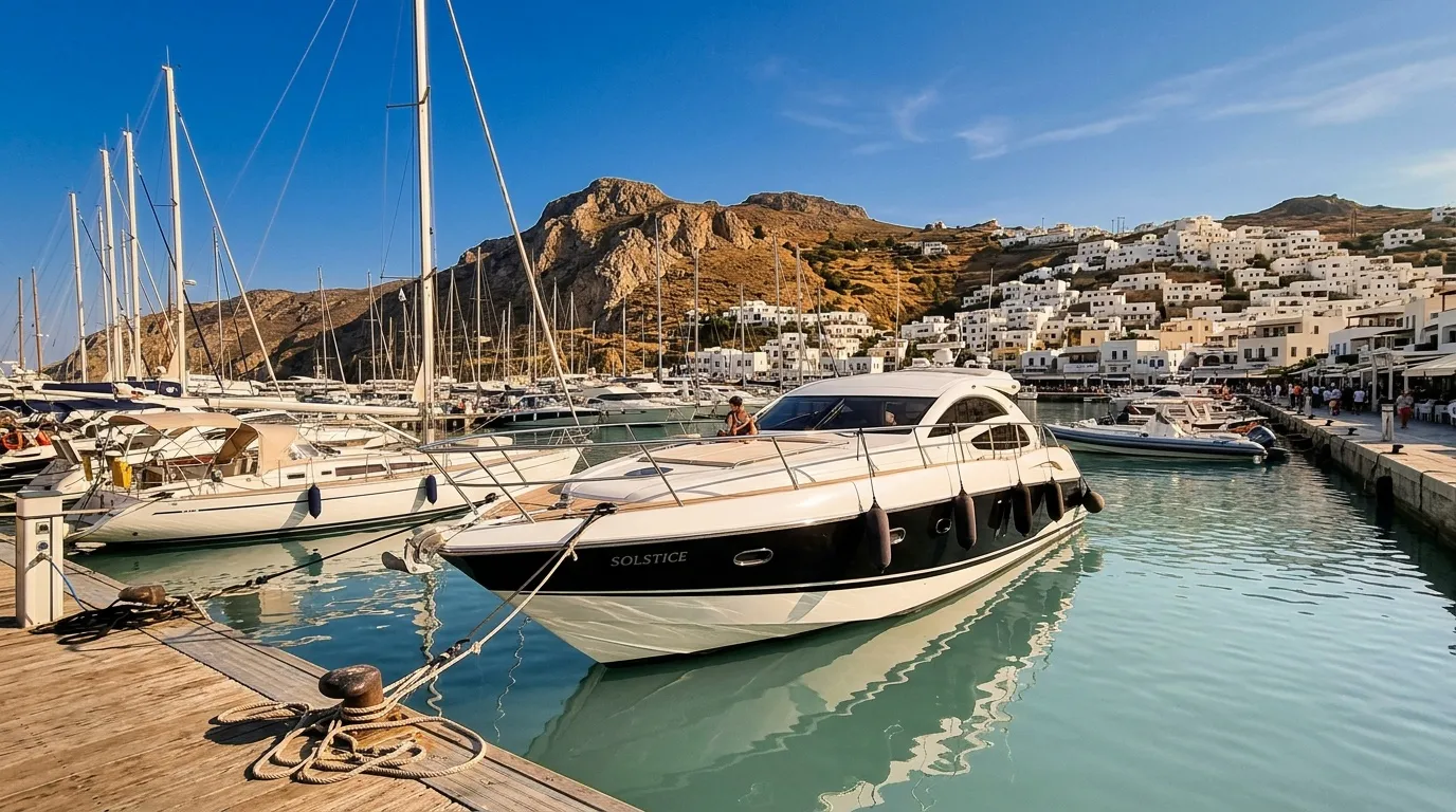 Port méditerranéen avec bateaux amarrés et village blanc sur colline