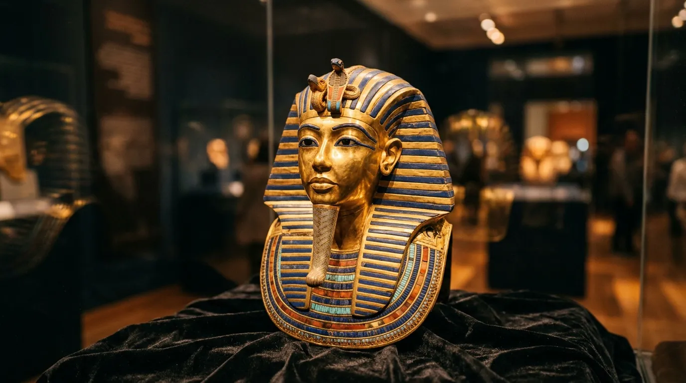 Masque doré du pharaon égyptien Toutankhamon en vitrine muséale