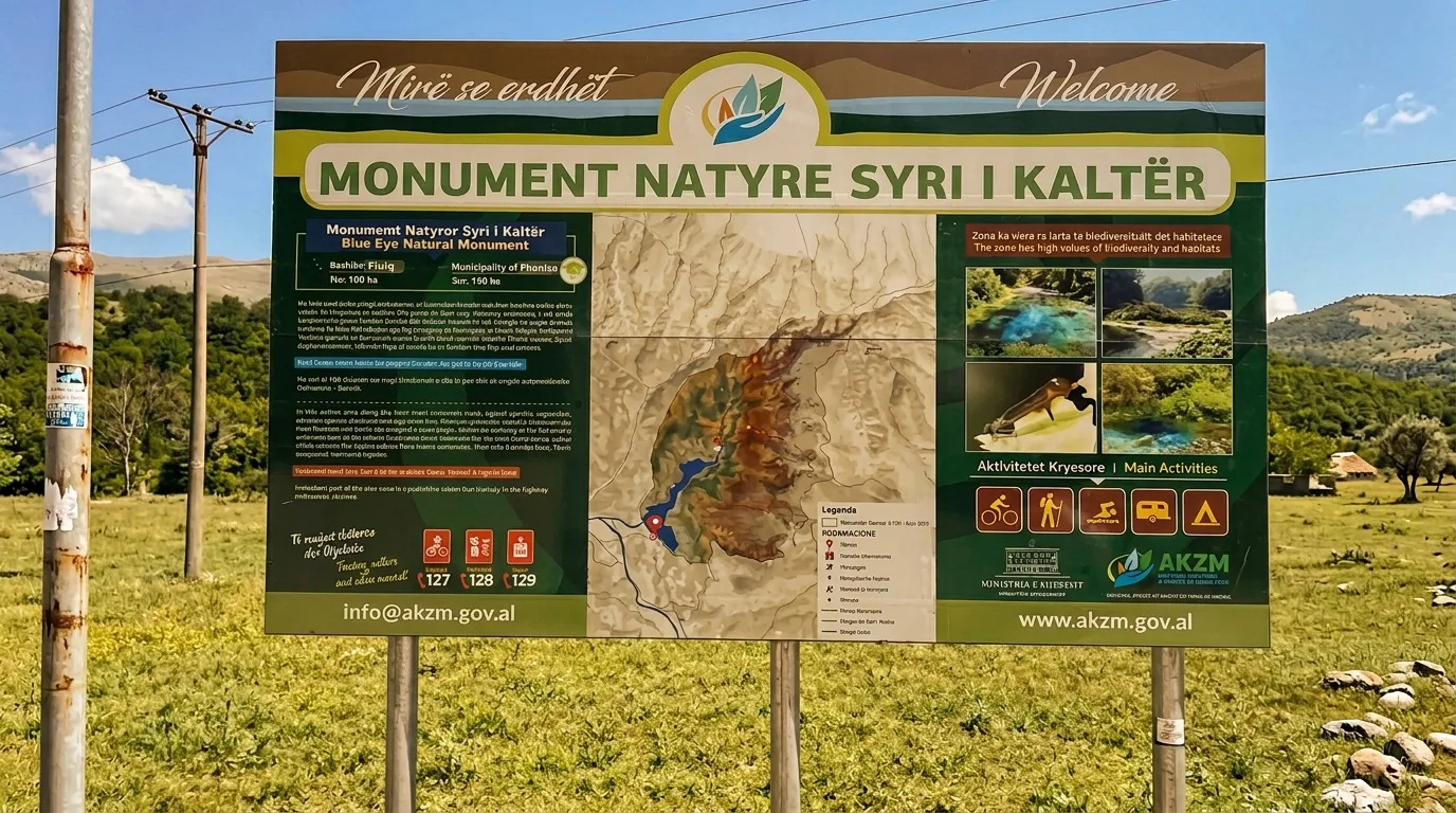 Panneau d'information du monument naturel Blue Eye en Albanie