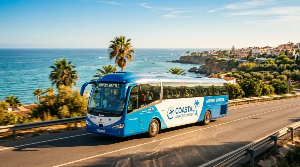 Bus bleu navette aéroport côte méditerranéenne ensoleillée