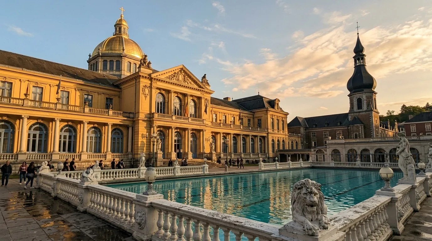 Château baroque jaune avec bassin turquoise et dôme doré