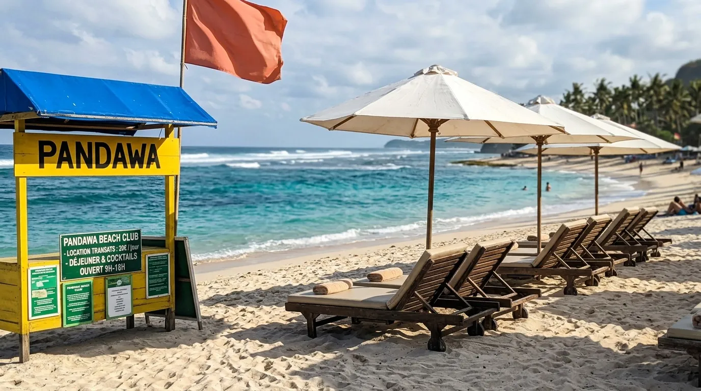 Plage avec transats, parasols et kiosque Pandawa à Bali