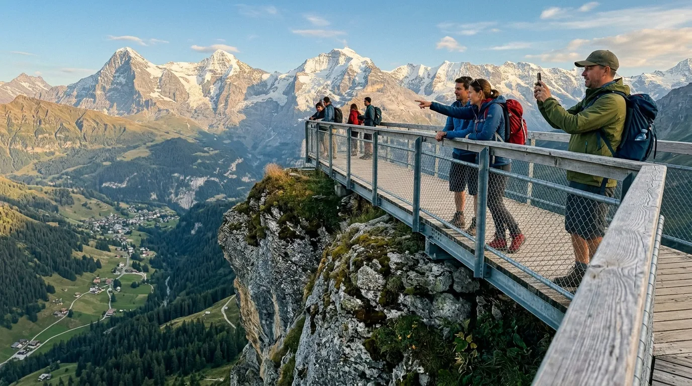 Touristes sur passerelle surplombant vallée alpine enneigée