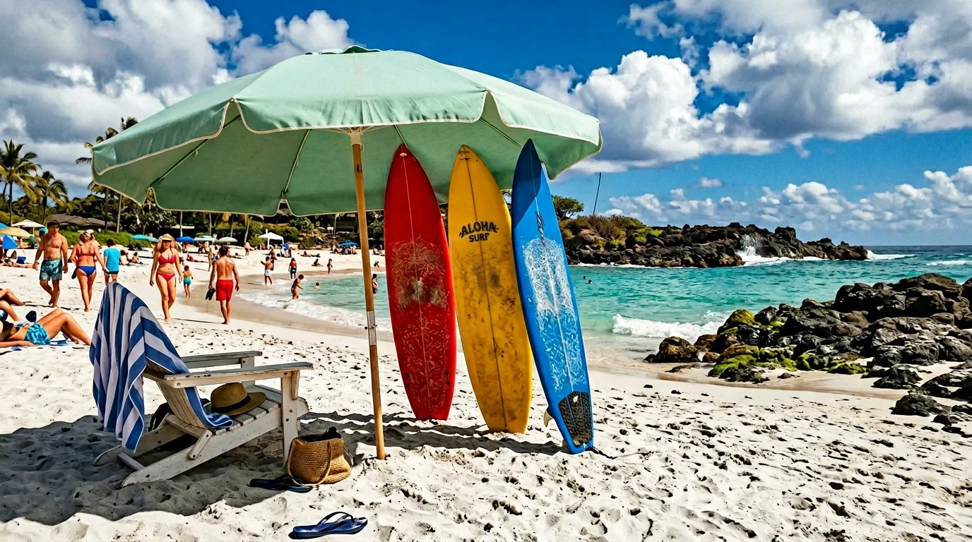 Plage tropicale avec planches de surf colorées et parasol vert