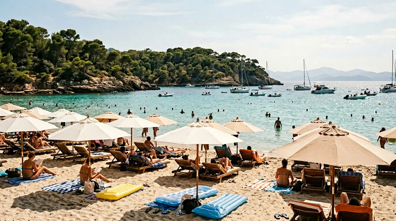 Plage méditerranéenne bondée avec parasols, baigneurs et voiliers ancrés