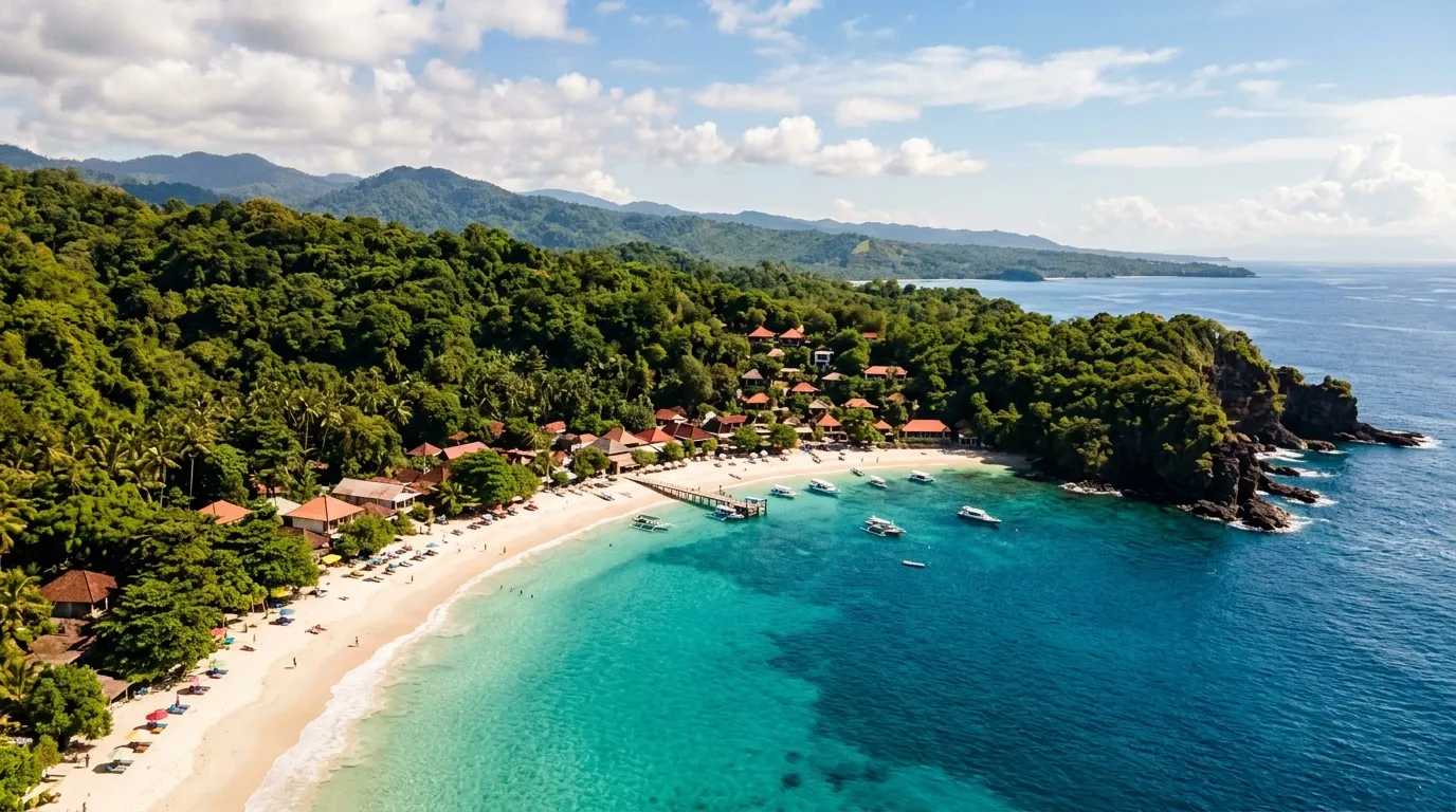 Plage turquoise avec bungalows rouges entourés de jungle verte