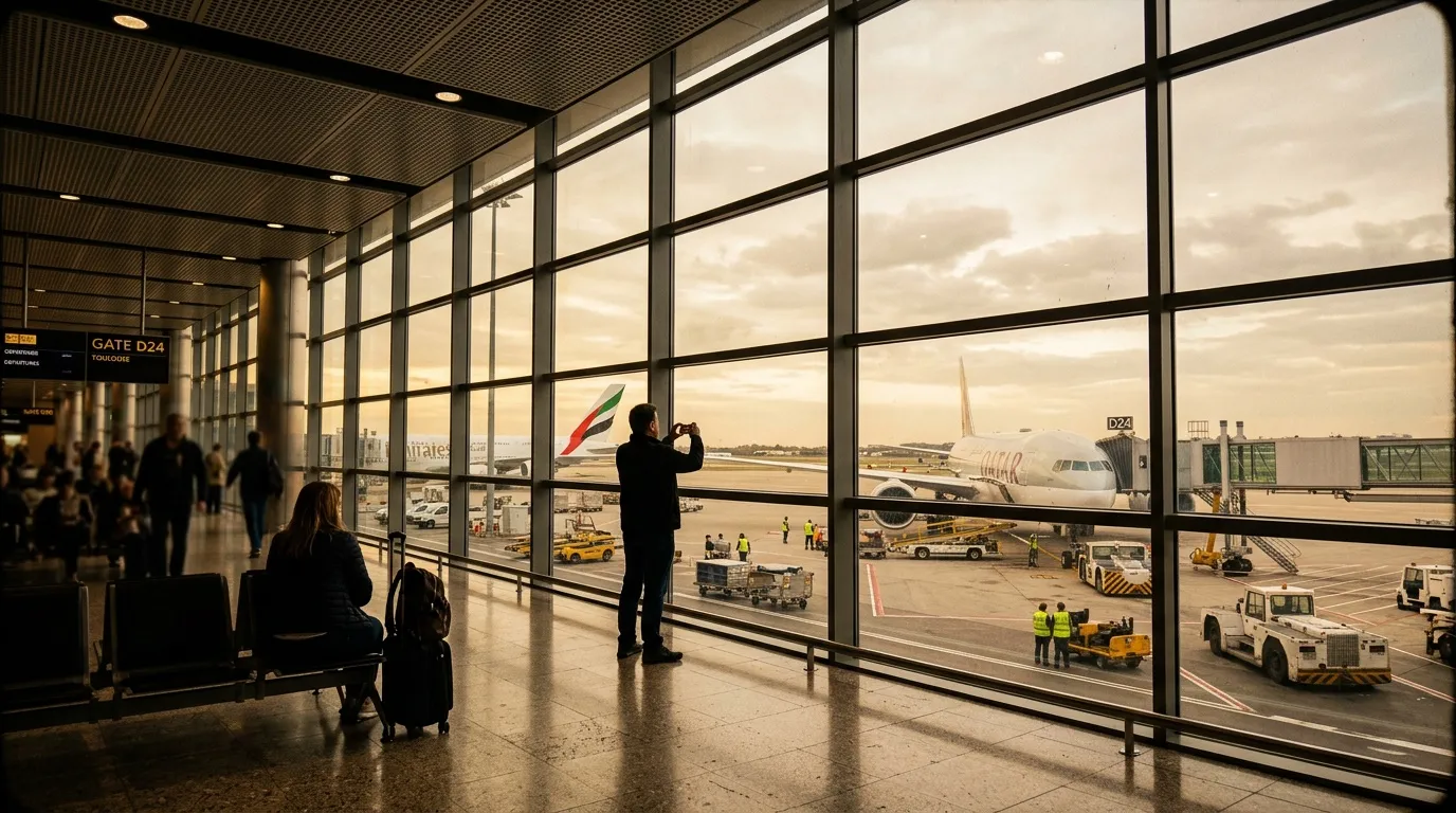 Homme photographiant un avion Emirates depuis terminal aéroport