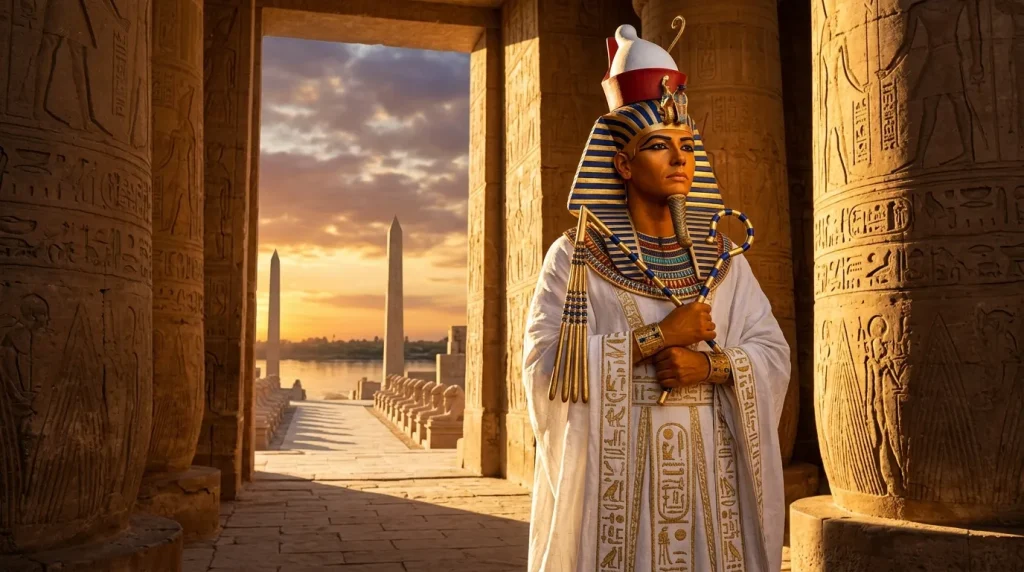 Pharaon en costume traditionnel dans temple égyptien antique