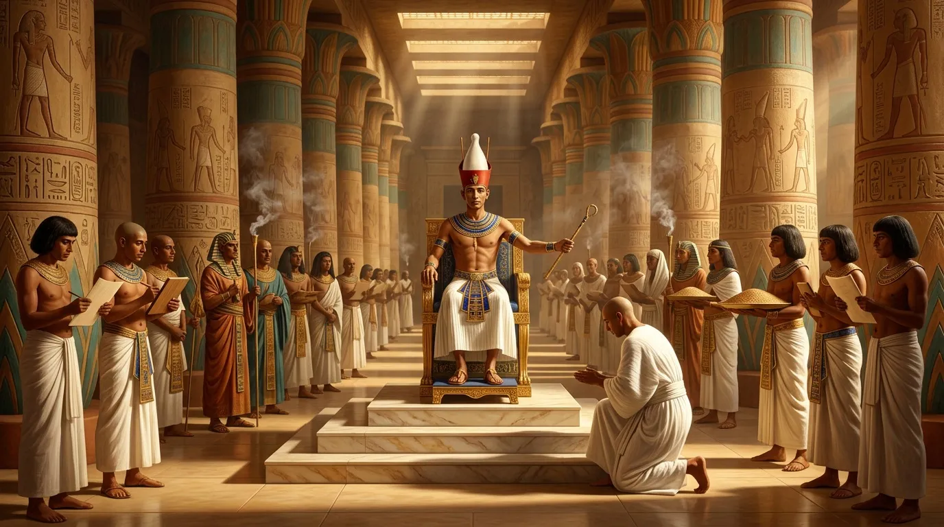 Pharaon assis sur trône entouré de courtisans dans temple égyptien