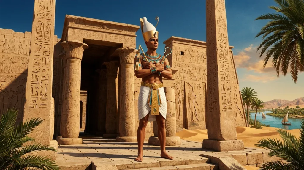 Homme en costume pharaonien devant temple égyptien avec colonnes