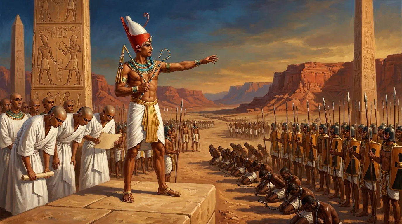Pharaon en tenue royale commandant armée égyptienne antique désert